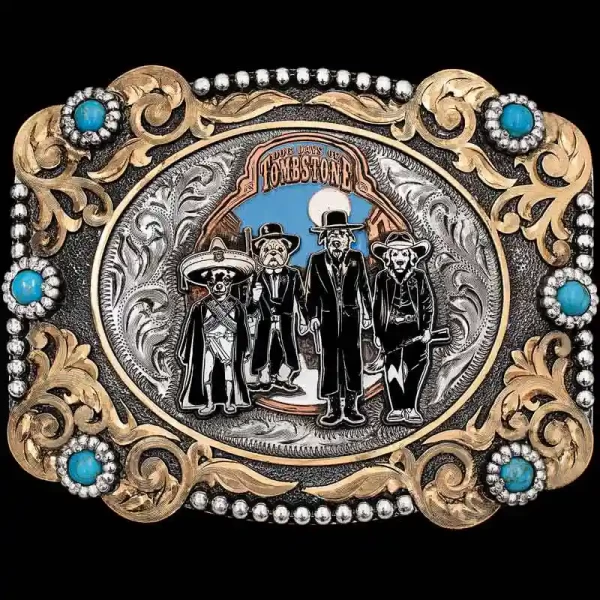 "Our Dog Creek Belt Buckle is the definition of letting your creativity run wild. Crafted on a German Silver base with six cubic zirconia stones, a bead edge, and Jeweler's Bronze overlay scrollwork. The figure in the middle is highlighted with a Jew